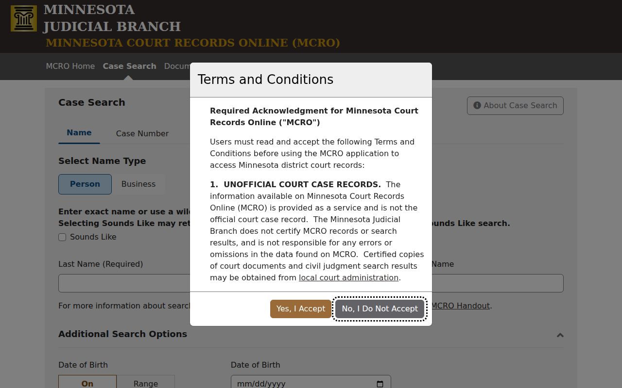 Burnsville residents directory view of Minnesota Court Records Online case search
