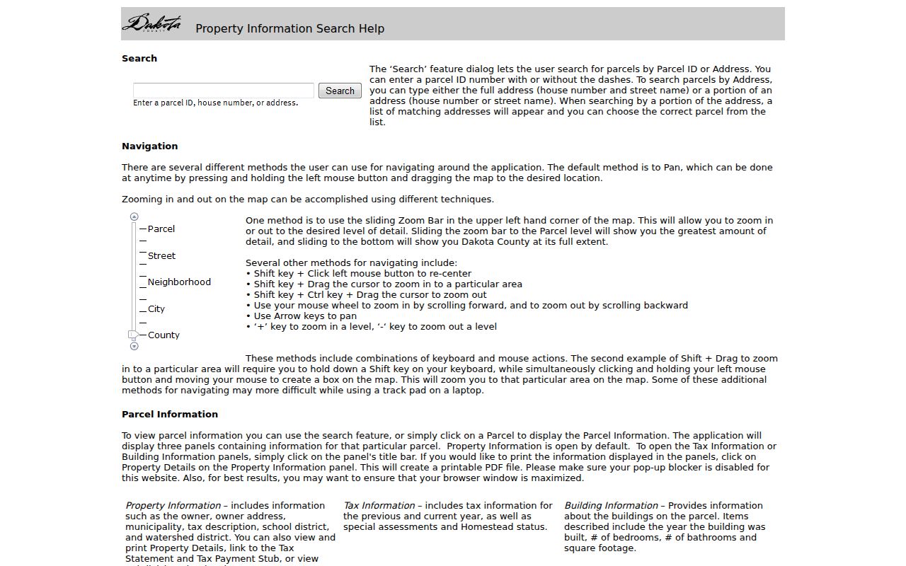 Burnsville street directory view of Dakota County property search help and parcel information tabs